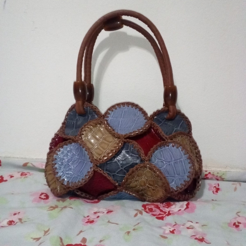 Patchwork Handbag - Brown, Blue, Red - image 3